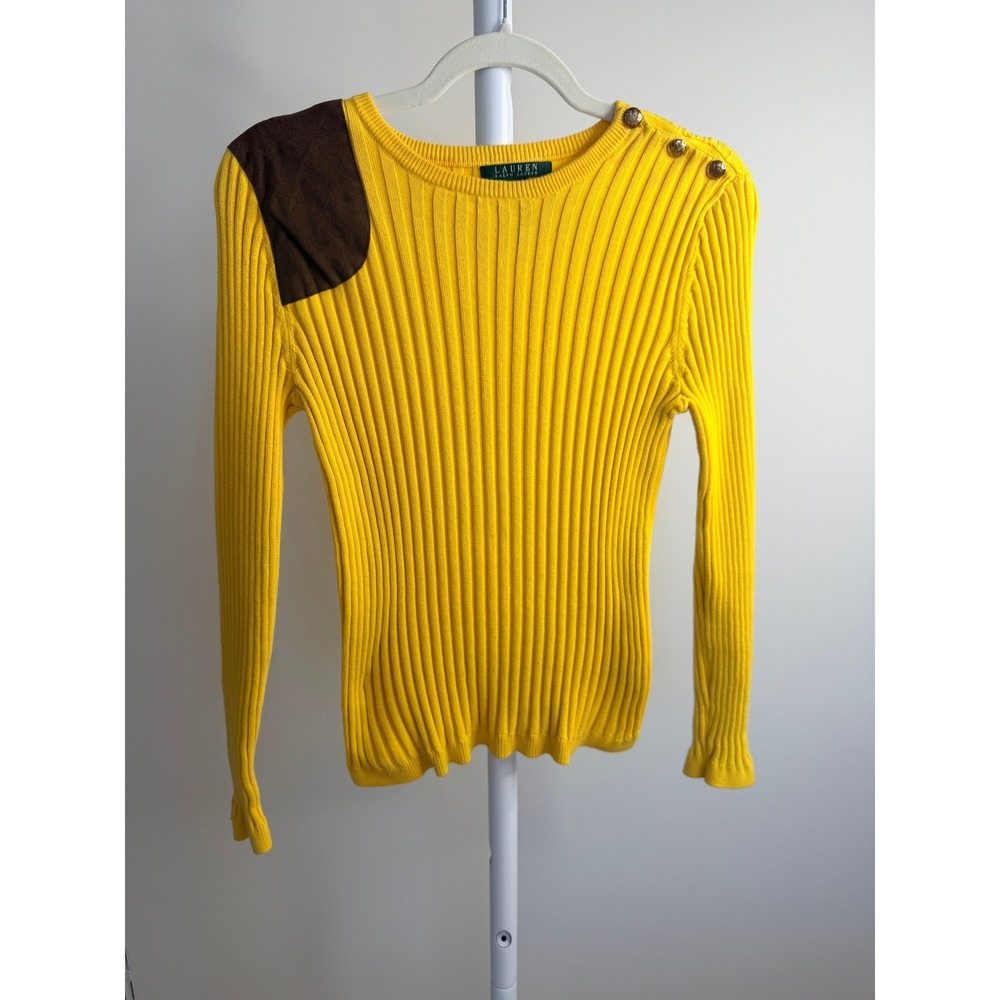 Lauren Ralph Lauren Yellow Ribbed Sweater Suede Shoulder Patch Gold Buttons L - Picture 2 of 6